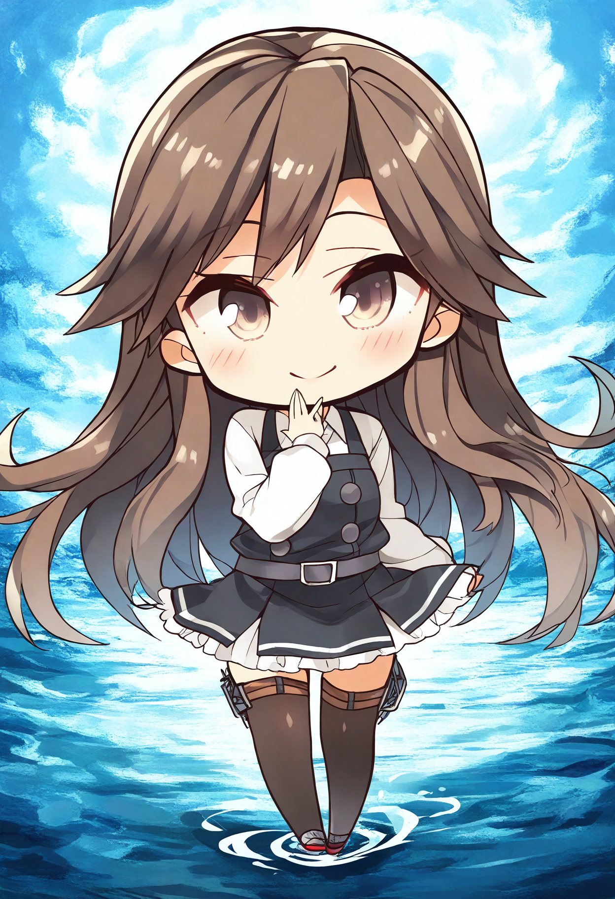 (masterpiece, best quality, highres, absurdres, very detailed, very aesthetic:1.22), (detailed eyes), arashio kai ni \(kancolle\), 1girl, smile, full body, detailed scenery, blush, hand over own mouth, chibi   <lora:komowata_haruka_ct15v_1-04:1>