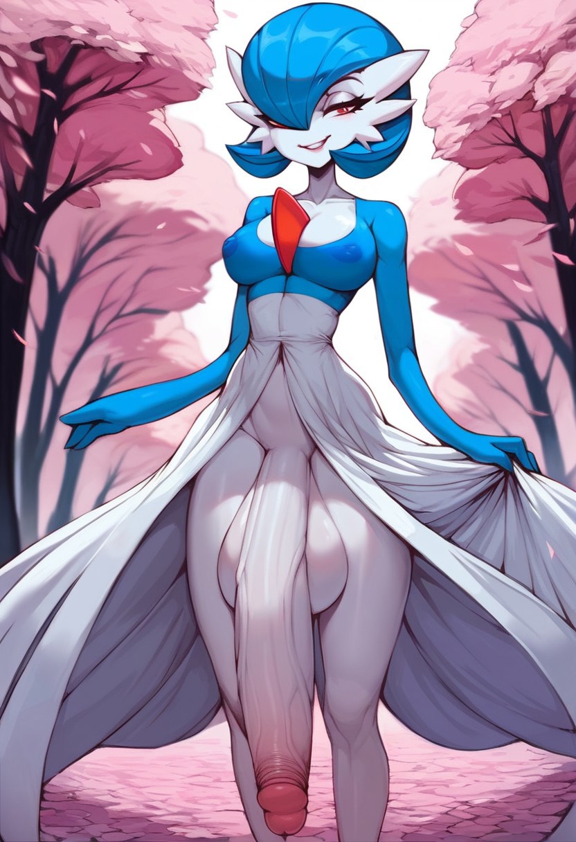 score_9, score_8_up, score_7_up, Gardevoir (Pokemon), anthro, 1futa, large breasts, venus body, white dress, slender, tall, slightly see-through, dangling penis, hyper penis, large testicles, hand hovering mouth, smirk, smug eyes, 
Cherry Blossom forest, wind,