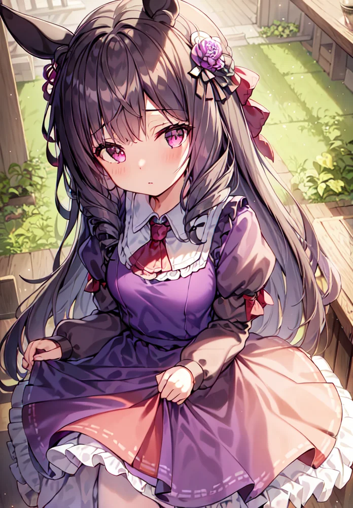 ((masterpiece, best quality)),
,Daiichi Ruby,horse_ears,red_eyes, (purple_dress,purple_skirt), long_skirt,flower, frills, hair flower, interlocked fingers, long sleeves,own hands together, puffy sleeves, red flower, solo, white pantyhose,white legwear,small_breasts,
looking at viewer, ((View from a little higher up)),(Quiet expression),stand,
<lora:Daiichi Ruby_v1:0.7:ALL1>
