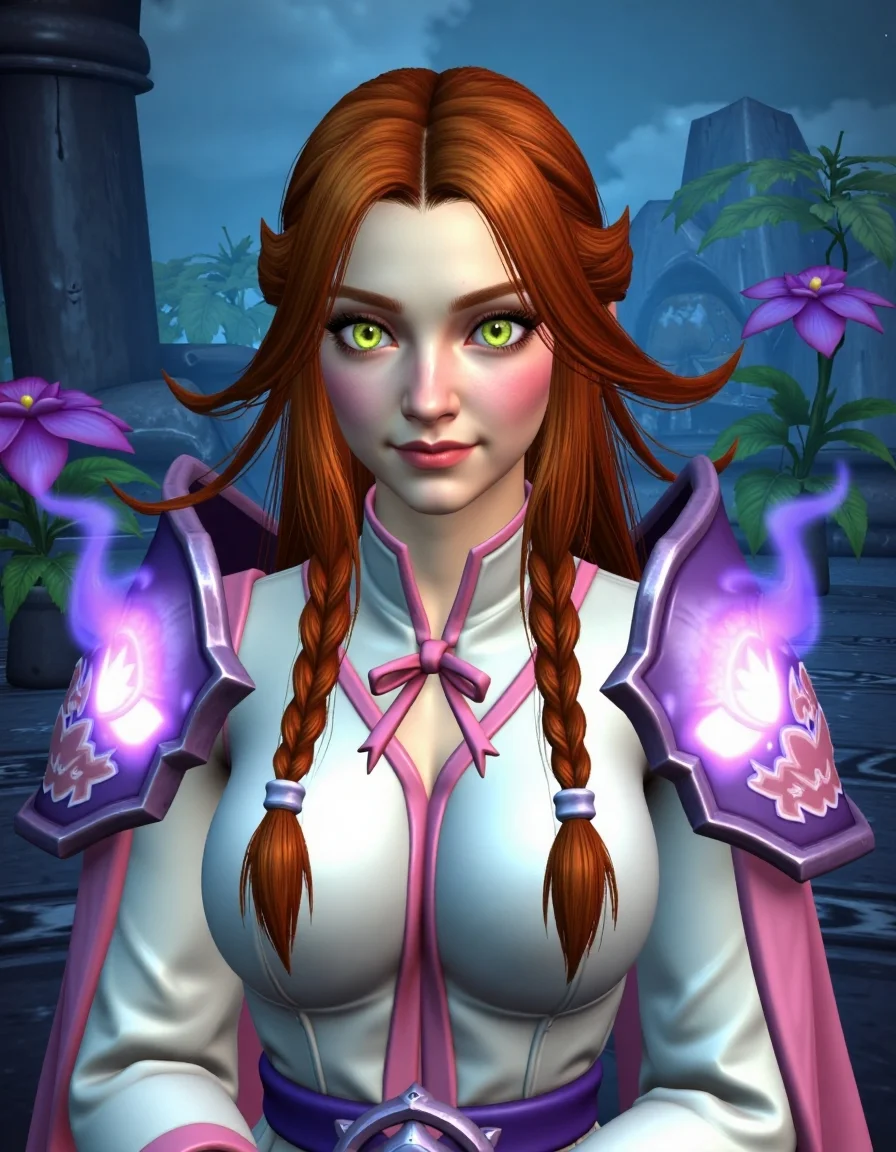 WOW_Character_Style, Extreme close-up portrait of Aerith, cropped from upper chest to mid-forearm. Her soft, emerald green eyes glow with a gentle, ethereal light, reflecting both wisdom and sadness. She has long, flowing chestnut hair tied into a loose braid, with a pink ribbon delicately woven through it. Her expression is serene, exuding an aura of purity and hope. She wears a simple, flowing white and pale pink robe, decorated with glowing arcane runes, reminiscent of a healer or priestess. The frame's top edge highlights the soft, glowing edges of her shoulder armor, intricately carved with floral patterns. Image cuts off at mid-forearm, showing the elegant folds of her robe as they shimmer with gentle healing magic. Hands out of frame. The background suggests the peaceful, mystical gardens of the Temple of Elune, with softly glowing flowers and a radiant moonlit sky. [Composition: Tight 85mm lens effect, compress perspective to naturally exclude extremities.]