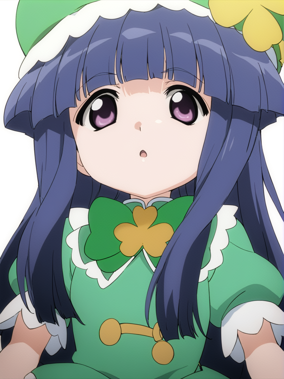 masterpiece, best quality, anime coloring, nsfw, <lora:0r0P00W0n0j0O0kqLSDXL_LoRA_V1>, 1girl, solo, furude rika, (child:1.2), simple background, white background, kawaii, blue hair, purple eyes, long hair, blunt bangs, bangs, looking at viewer, Saint Patrick's Day, wearing a St. Patrick's Day leprechaun hat with clover leaf, celebrating Saint Patrick's Day,