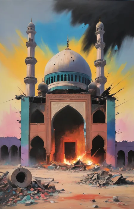 (AshleyWoodArtAI:1.3), soft pastel colors, painting of a destroyed mosque, bombing, airstrike, heavy brushstrokes, blurred details, occasional burst of vivid color, dim lit setting