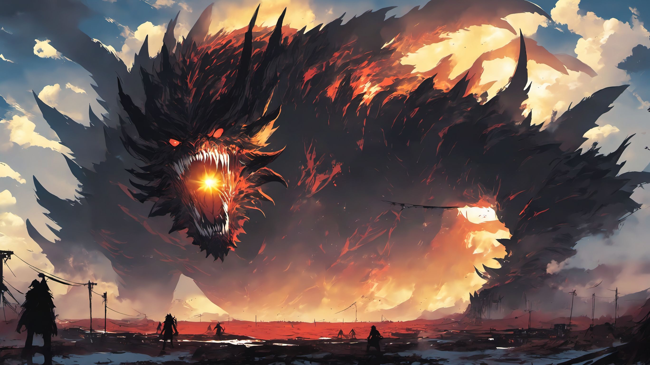 a giant monster stand with sun<lora:[XL]GiantMonster:1>