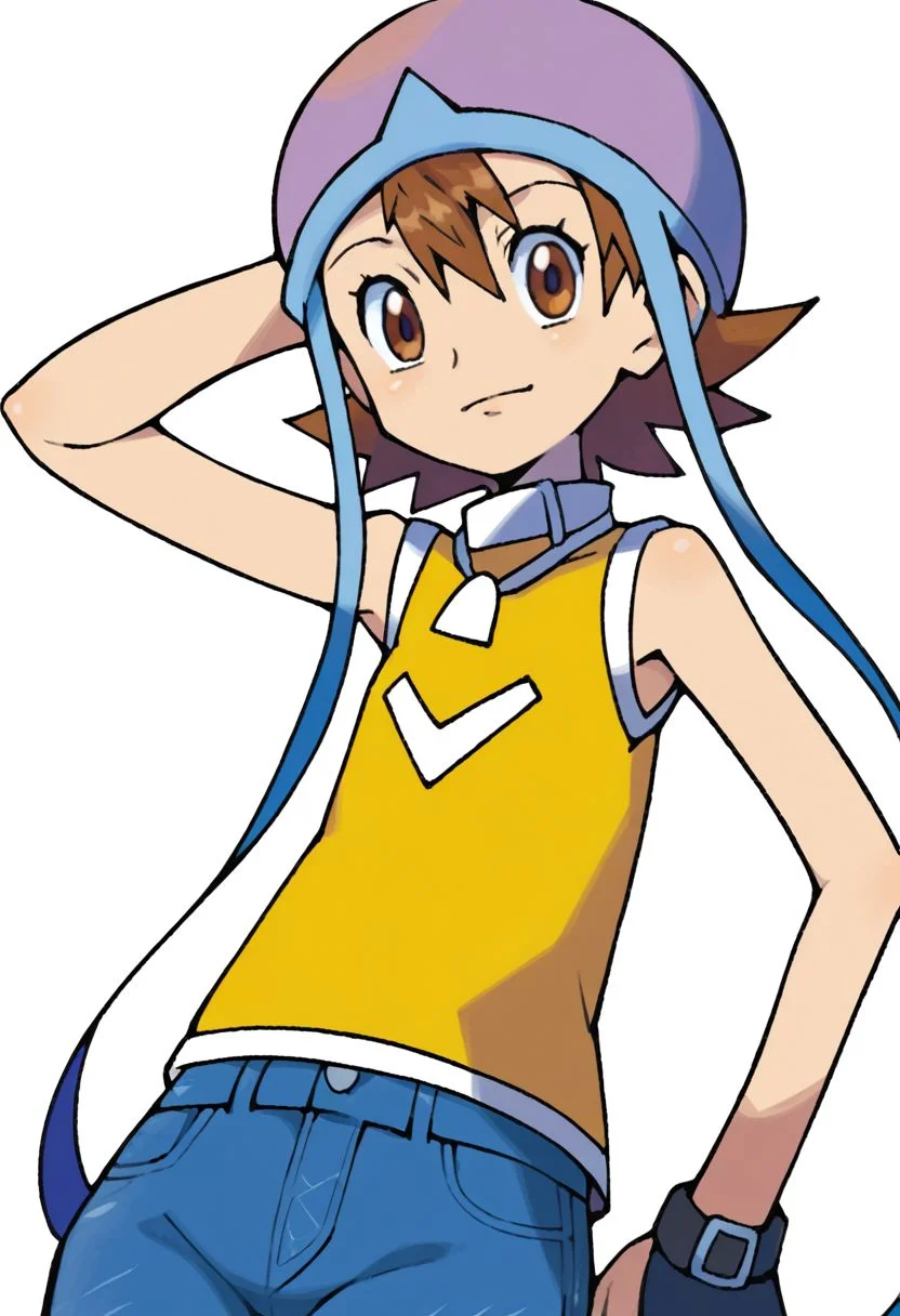 zPDXL, score_9, score_8_up, score_7_up, source_anime, <lora:Digimon_v2-15:0.8> digimon, 1girl, solo, sora, brown hair, brown eyes, short hair,