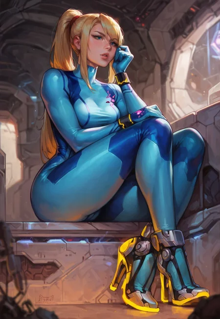 safe_pos, score_9, score_8_up, score_7_up, 1girl, solo, defsamus, blonde hair, bodysuit, blue clothes, blue pants, high heels, sitting, sexy legs, parted lips, wide hips, hip dips, slim fit, spaceship, indoors, depth of field
