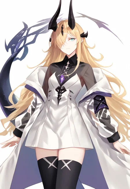 score_9, score_8_up, score_7_up, score_6_up, score_5_up, score_4_up, source_anime, 1girl, solo,
Eblana, blonde hair, long haior, hair over one eye, hair ornament, dragon tail, dragon horns, strapless dress, white dress, black shirt, long sleeves, see-through sleeves, off-shoulder jacket, white jacket, open jacket, collared shirt, short dress, black sleeves, see-through, black thighhighs,
masterpiece, best quality, very aesthetic, absurdres,