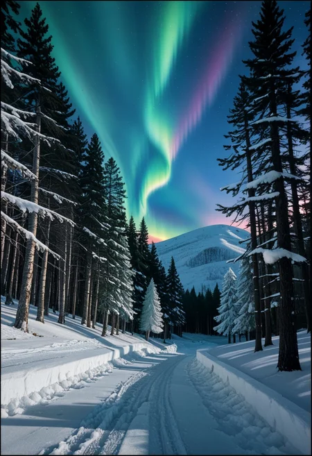 a knight walks through a snow-covered night forest, icy trees around, the aurora borealis in the sky (fr0stwrld, snow, ice, VntgCE , framed)