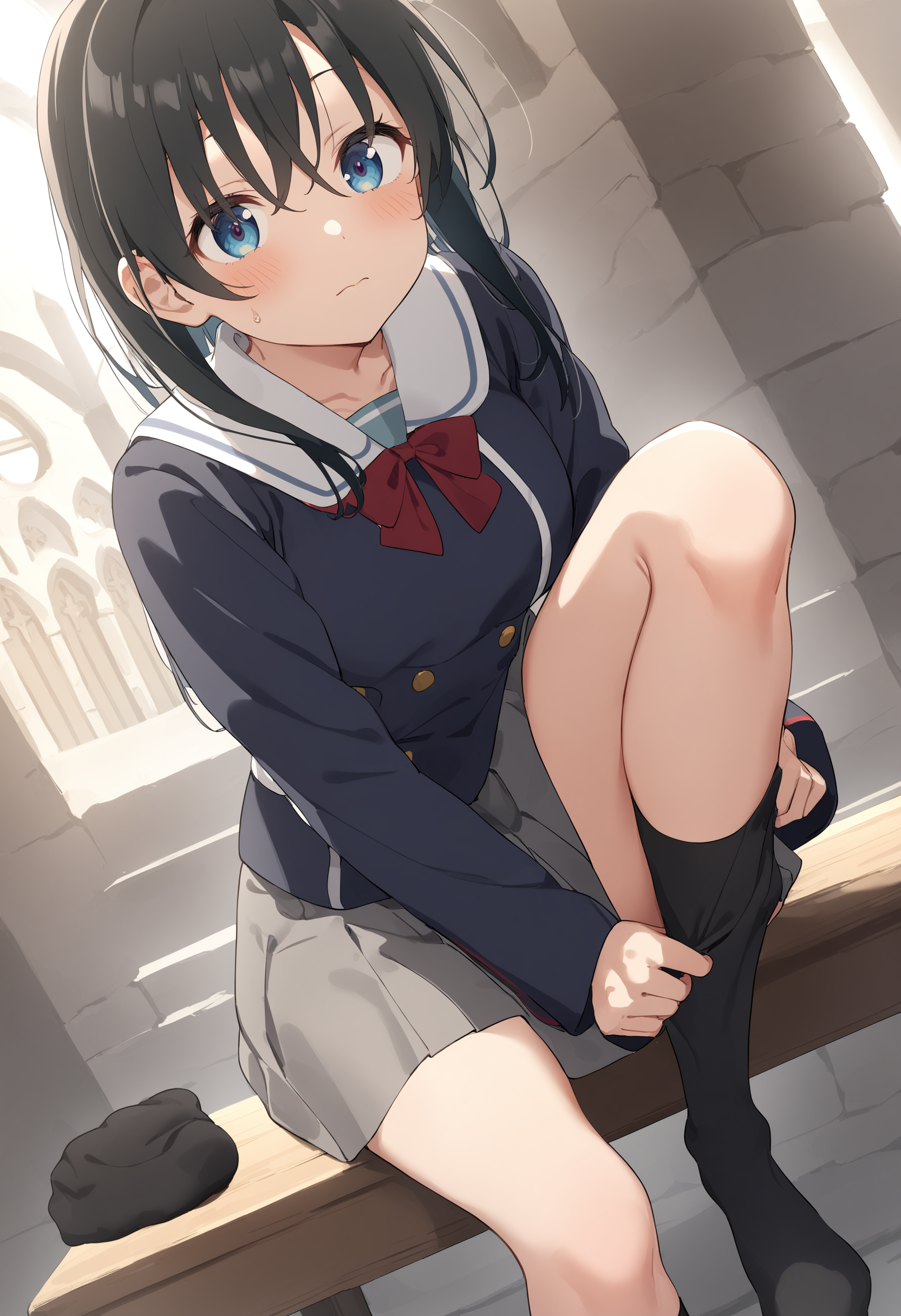1girl,sincos, ningen mame, toosaka asagi,solo,medium breasts,school uniform,
dressing socks, adjusting legwear, <lora:dressingsocks_XL_v1:1.0>
dutch angle, feet out of frame, looking up, black hair, silver eyes,blush, abbey, closed mouth, single hair,,
best quality, very aesthetic, absurdres,