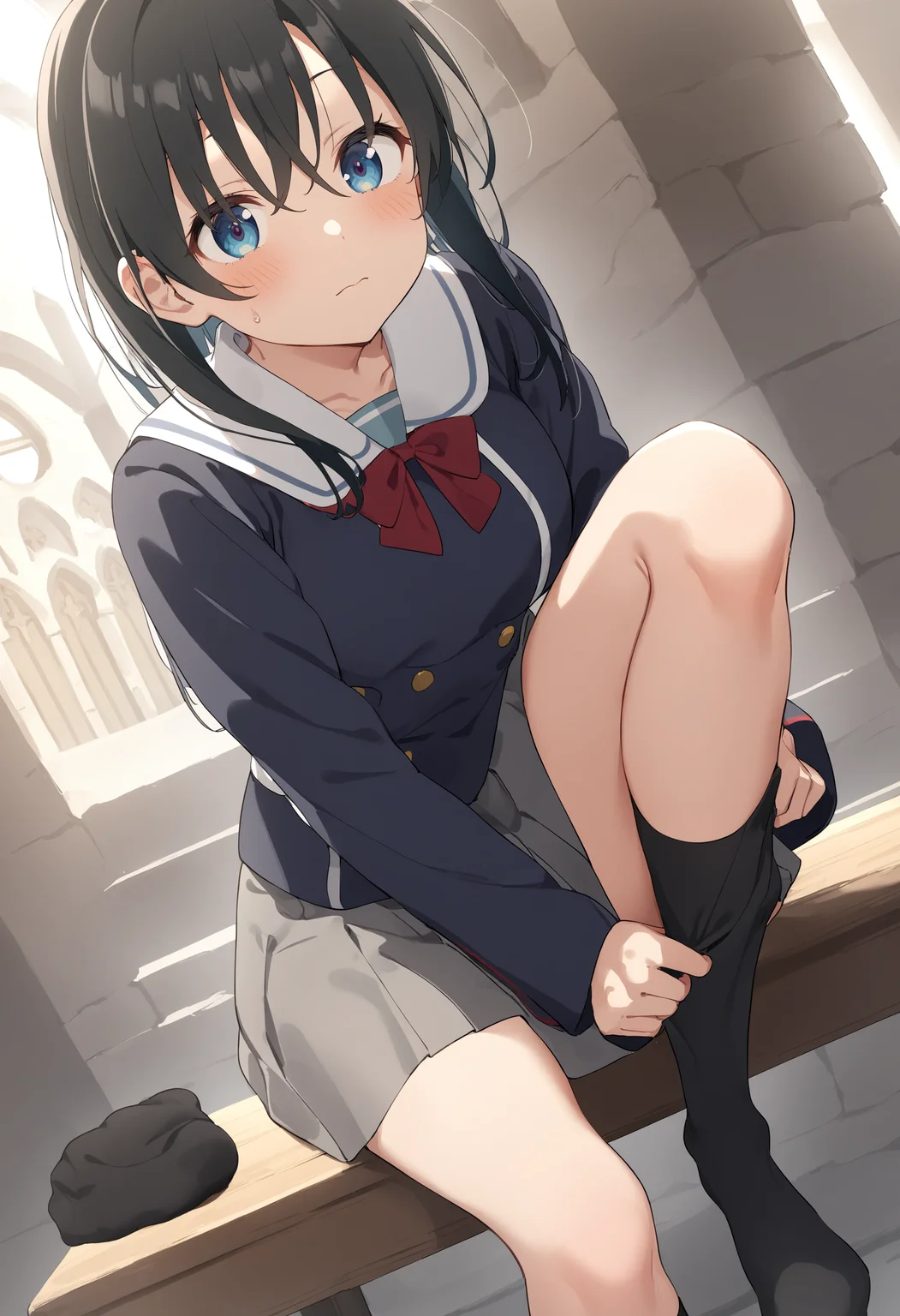 1girl,sincos, ningen mame, toosaka asagi,solo,medium breasts,school uniform,
dressing socks, adjusting legwear, <lora:dressingsocks_XL_v1:1.0>
dutch angle, feet out of frame, looking up, black hair, silver eyes,blush, abbey, closed mouth, single hair,,
best quality, very aesthetic, absurdres,
