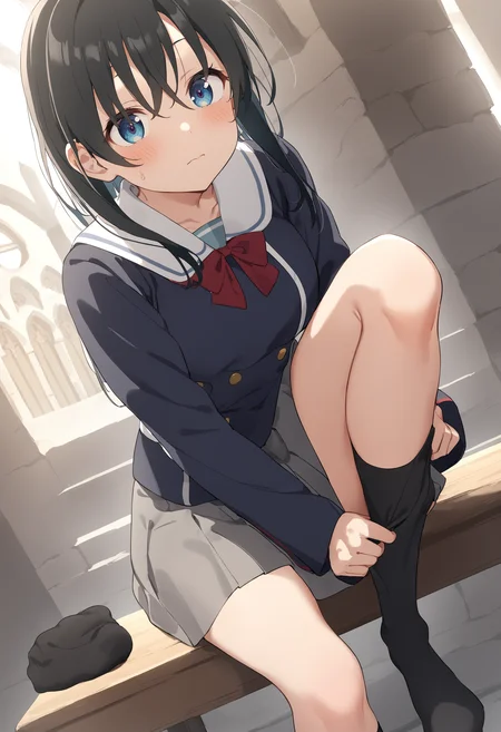 1girl,sincos, ningen mame, toosaka asagi,solo,medium breasts,school uniform,
dressing socks, adjusting legwear, <lora:dressingsocks_XL_v1:1.0>
dutch angle, feet out of frame, looking up, black hair, silver eyes,blush, abbey, closed mouth, single hair,,
best quality, very aesthetic, absurdres,