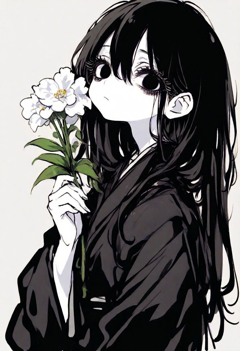 1girl, solo, black eyes, thick eyelashes, black hair, long hair, hair between eyes, black kimono, long sleeves, upper body, closed mouth, holding flower, white flower, looking at viewer, simple background, masterpiece, best quality, amazing quality, ma1ma1helmes_b_illu, sketch,sometyome_illu