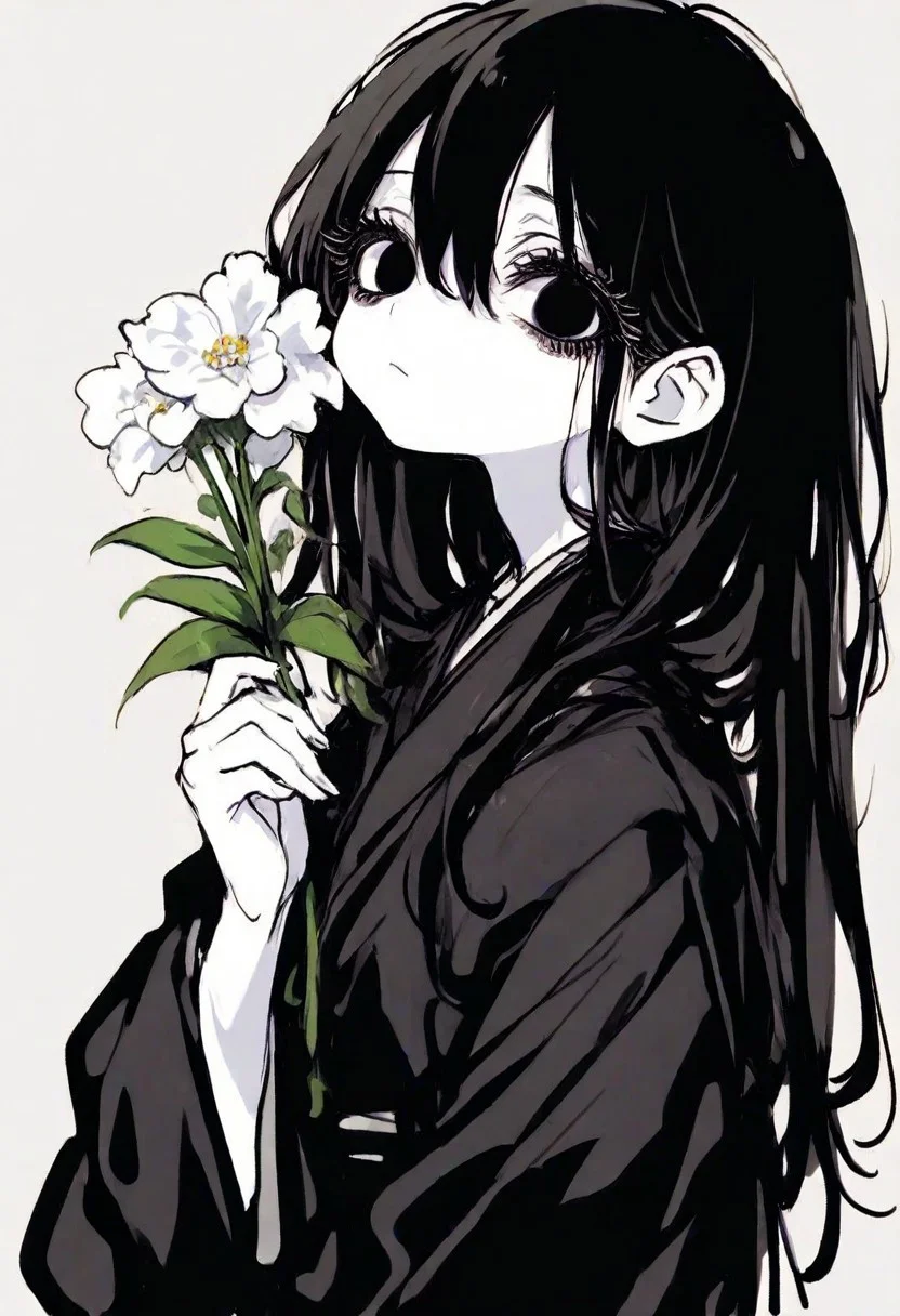 1girl, solo, black eyes, thick eyelashes, black hair, long hair, hair between eyes, black kimono, long sleeves, upper body, closed mouth, holding flower, white flower, looking at viewer, simple background, masterpiece, best quality, amazing quality, ma1ma1helmes_b_illu, sketch,sometyome_illu