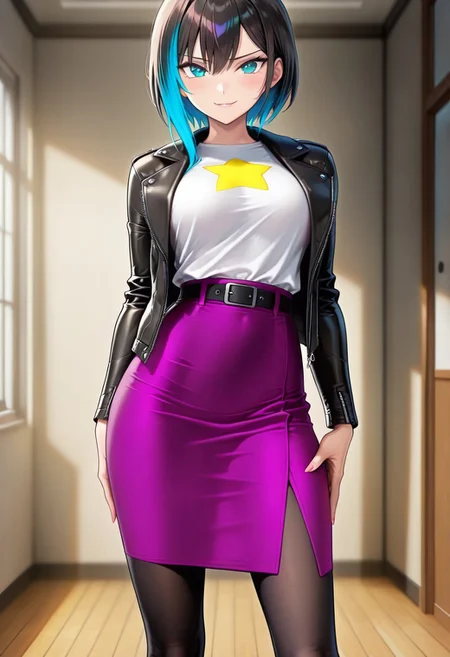 masterpiece, good quality, best quality, dynamic view, original style, screencap, TDPstyle
Claudia, blue eyes, black hair, multicolored hair, black leather jacket, white shirt, star shirt, purple skirt, black leggings, medium breast,
(solo, seducing, sexy pose, dynamic pose, looking at viewer, aroused,)