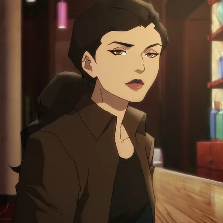 safe_pos, safe_pos, score_9, score_8_up, score_7_up, 1girl, solo, lipstick, black hair, ponytail, brown eyes, breast, black shirt, brown jacket, ReneeDCAMU, looking at viewer, indoors, bar