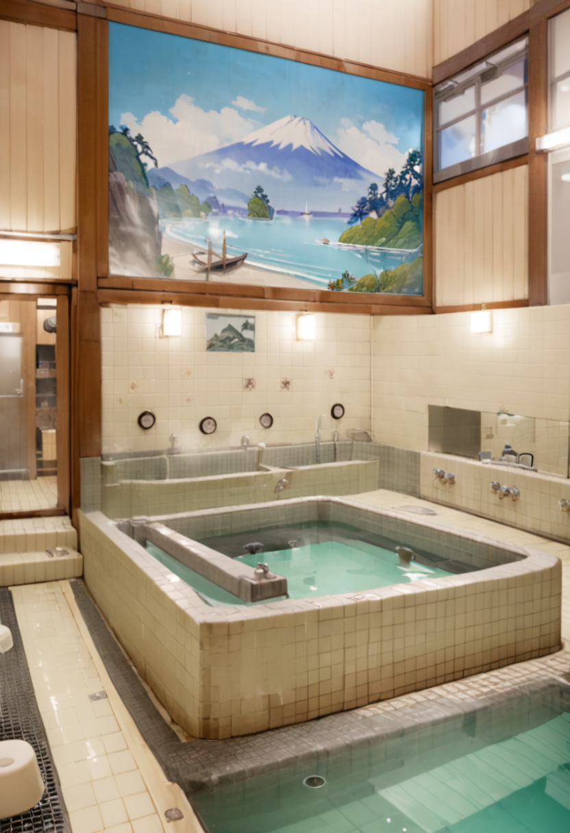 masterpiece, best quality, very aesthetic, absurdres,
sentou, bathroom, , scenery, building, water, window, bath, door, indoors, painting (object), 
 <lora:sentou_SDXL_V5:1>