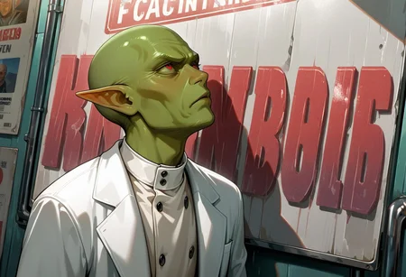masterpiece, best quality, amazing quality, very aesthetic, absurdres, newest, drvenoilxl, 1boy, red eyes, male focus, pointy ears, green skin, ((looking up)), ((white buttoned coat)), ((long lab coat)) bald, (((old man))), wrinkles, alien, ((((solo)))), scowl, white loafers, ((white collar)), ((buttoned collar)), white pants, three quarters view, upper body, billboard, sign, poster, frame,