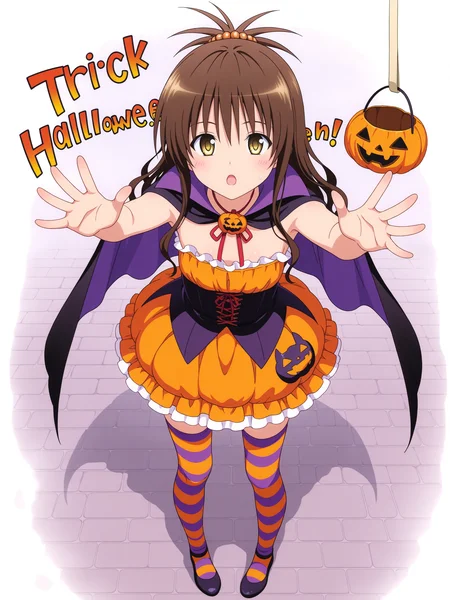 <lora:yuuki mikanv2:1>,mikan,5 fingers,full body,halloween costume,striped thighhighs,standing,