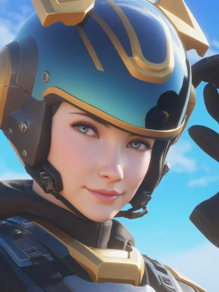 helldivers, Blonde cat ear girl with helmet off, finger V, close-up, blue sky,computer screen background, <lora:helldivers:0.5>