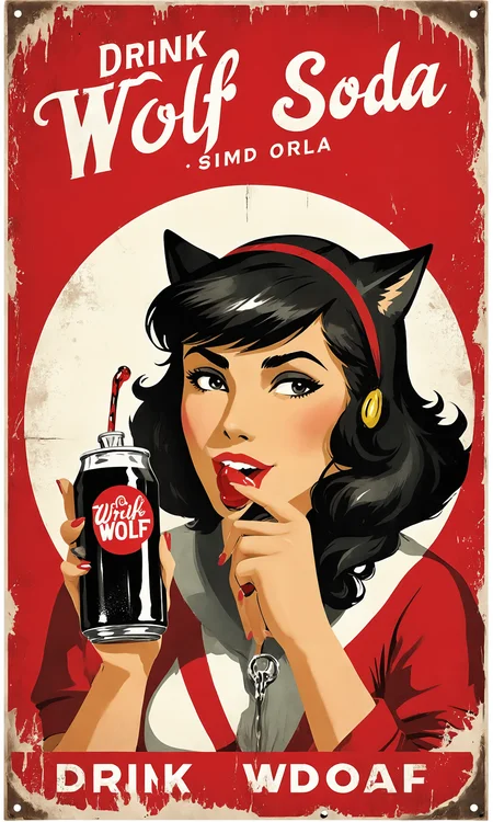 poster of a woman drinking soda, text "Drink Wolf Soda", falloutpostsdxl,<lora:falloutpostsdxl:0.8>, 1960s \(style\), distressed poster, wolf logo,