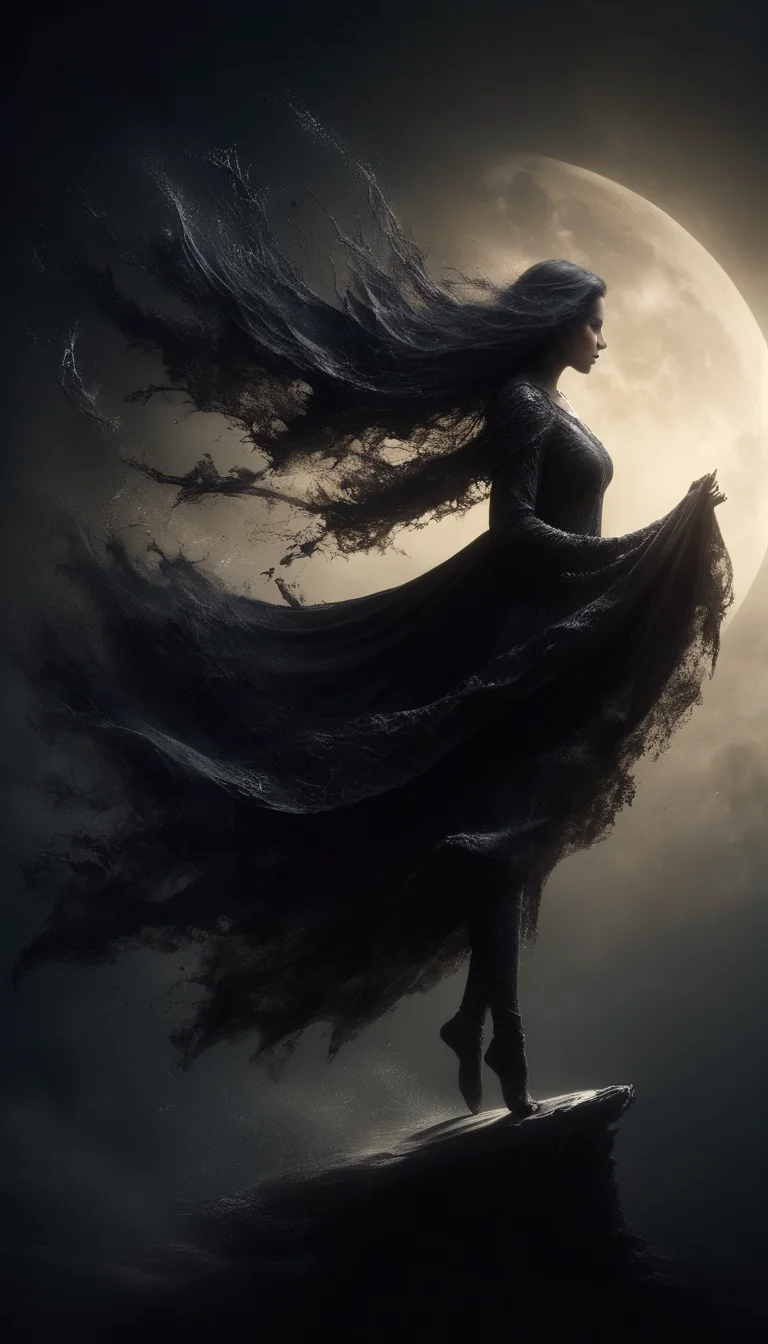 ral-dissolve,Swathed in a cloak of shadow, a woman stands , her figure a deeper shade within the all-consuming black. She wields an instrument unseen, slicing through the thick, tangible obscurity that surrounds her. Each movement is precise, an artful dance of severance and creation. The sound of her actions, the gentle whisper of division, resonates as a stark, rhythmic contrast to the otherwise oppressive silence of the dark realm. This woman, a mistress of the night, carves pathways of emptiness into the void itself, her task a mysterious ritual known only to her. In this place devoid of light, she is the sculptor of the unseen, her very being an enigma, crafting contours and dimensions where none would seem to exist,crows,Black Desert,(sunlight:1.15)