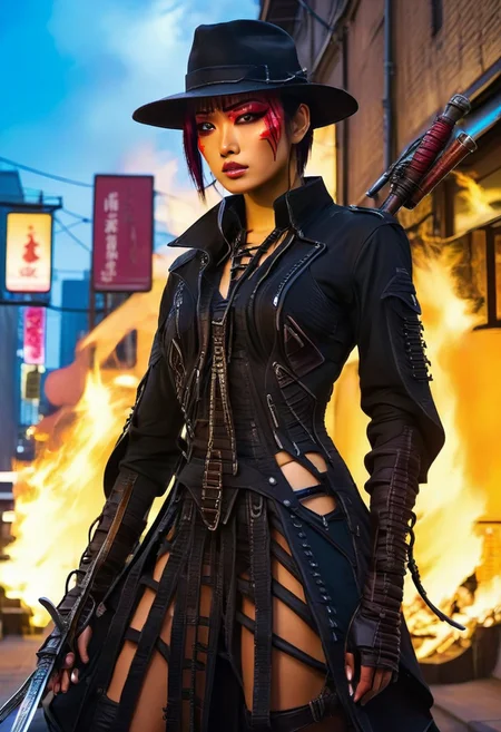 ((masterpiece, best quality, highly detailed)), cowboy shot, an asian skinned woman, stunning looks, demobaza, demobaza, The Hateful Eight film style, ((tall hat:1.3)), ((swords, (((flaming sword:1.5))), flaming sword, flaming cyber sword in each hand, sword in both hands:1.5)), wearing an unusual dress, black combat boots, in the city, cyber punk background, neon lights, short hair, brown eyes, demobaza, cyberpunk style, cyberpunk