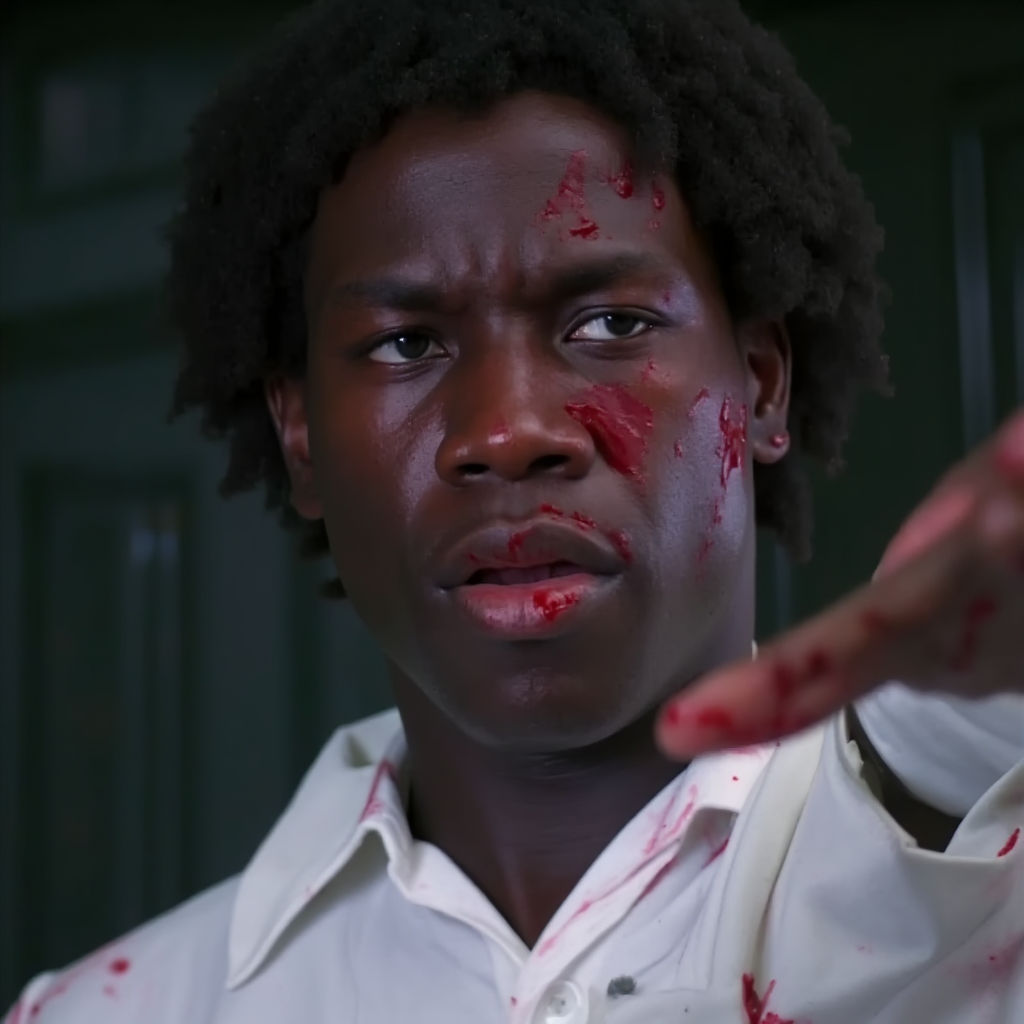 cinematic film still of UHD, 4k, ultra detailed, cinematic, a photograph of  <lora:1970's (Boogie Nights Film style) v1:1>
From below, In the 1970's a black man with blood on his face,solo,shirt,black hair,1boy,white shirt,male focus,indoors,blood,blood on face,labcoat,blood on clothes,blood splatter,blood on hands,death,horror (theme), dramatic light, dramatic shadow light, contrast, cinematic color, cinematic look, filmic, realistic, realism, perfection, perfect, Kodak, Kodak film, movie still, Boogie Nights style, Boogie Nights Film style, epic, beautiful lighting, inpsiring, shallow depth of field, vignette, highly detailed, high budget, bokeh, cinemascope, moody, epic, gorgeous, film grain, grainy