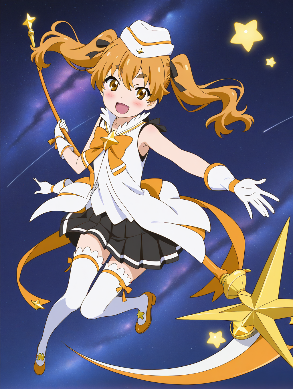 general,highres, ultra-detailed,very aesthetic,best quality ,best hands,  BREAK  <lora:Hikaru_Houkago_no_Pleiades_IS:1> Hikaru(Pleiades), 1girl,solo, twintails, blonde hair, yellow eyes,long hair, hair ribbon, 
thick eyebrows, anime coloring,
 gloves, thighhighs, hat, skirt, star (symbol), smile, open mouth, looking at viewer, magical girl, scythe, white thighhighs, white gloves, ribbon, brown eyes, orange hair, pleated skirt, :d, bow, blush, full body
galaxy, star,