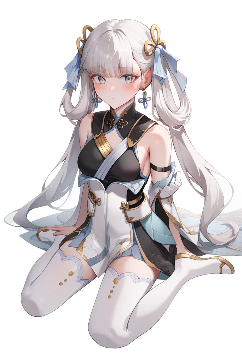score_9,score_8_up,score_7_up,<lora:jinhsi_(wuthering_waves)_pony:1>,full_body,medium_breasts,simple_background,dress,1girl,solo,blush,white_thighhighs,earrings,bare_shoulders,absurdres,white_background,chinese_commentary,jinhsi_(wuthering_waves),sitting,looking_at_viewer,highres,ribbon,