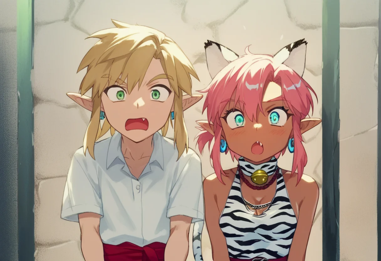 score_9, score_8_up, score_7_up, score_6_up, Masterpiece, source_anime screenshot, duo, 1 girl, 1 boy, vivid colors, full color, shiny and glossy, anime style, high-res, beautiful aesthetic, very intricate, high-quality details, vibrant, highly detailed, award-winning, professional, <lora:pink-ponyxl-v2:1>, 1 girl, single fang showing, sleeveless dress, white tiger print dress, pelvic curtain, cleavage, white cat ears, cat bell necklace, bright pink hair, tanned, white tiger tail, red sash, small breasts, leather shoes, detailed eyes, green eyes, detailed face, break, <lora:link:1> 1boy, link1, link, pointy ears, blonde hair, blue eyes, medium hair, side locks, earrings, short ponytail, blue hylian tunic, break, pink and link shouting, pink and link holding signs high above their heads, front view,