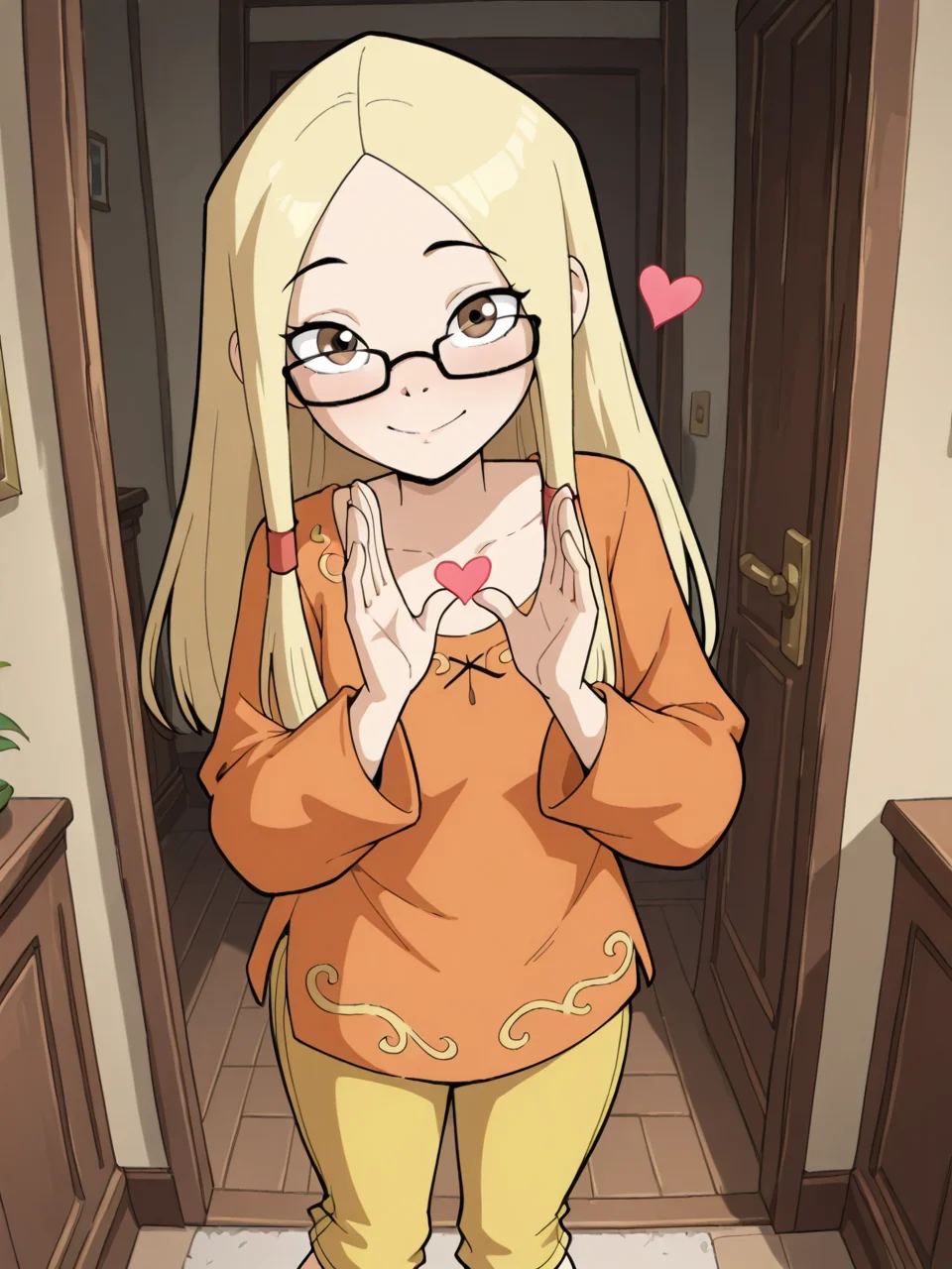 (masterpiece,best quality,newest,absurdres,highres), Gr3taBarrym0re, 1girl, solo, long hair, blonde hair, glasses, orange shirt, long sleeves, yellow capri pants, looking at viewer, sending kisses, love, heart symbol <lora:Greta_Barrymore_IllustriousXL:0.8>