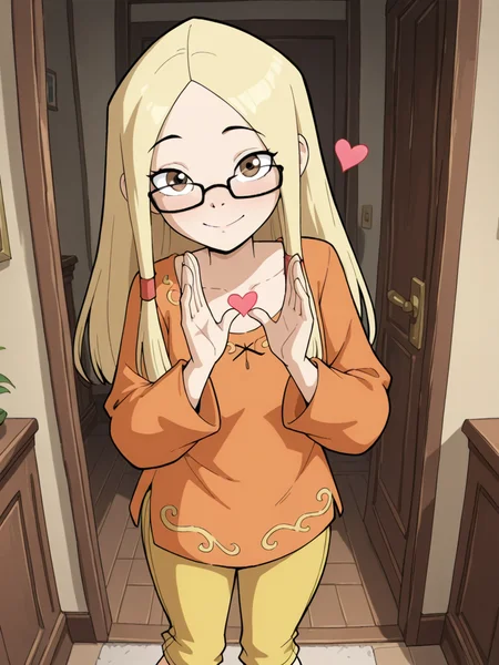 (masterpiece,best quality,newest,absurdres,highres), Gr3taBarrym0re, 1girl, solo, long hair, blonde hair, glasses, orange shirt, long sleeves, yellow capri pants, looking at viewer, sending kisses, love, heart symbol <lora:Greta_Barrymore_IllustriousXL:0.8>