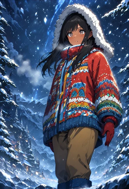 Dolly shot, asymmetrical background, 1woman, solo, long hair, black hair, Nepal style, long colorful red fur parka, dark brown eyes, breath fog, eyeliner, brown pants, gorgeous lips, brown skin, tan skin, exploring, fur lined hood, side swept bangs, red mittens, blue snow boots, snowy conifer forest,Himalayas, snow falling, winter season, windy, snow filled sky, night time, shivering, clouds against the mountain, steep, nature, snow, heavy breathing, ultra detailed eyes, (masterpiece), (best quality), (ultra-detailed), very aesthetic, illustration, knee high snow, blizzard weather, perfect composition, intricate details, absurdres,
(anime, masterpiece, intricate:1.3), (best quality, hires textures, high detail:1.2), (4k),(incredibly detailed:1.4), perfect anatomy, graceful face, slim, gorgeous lips, UHD, 8K, ultra detailed, a cinematic photograph of HDR photo, full body photo of a beautiful natural woman,