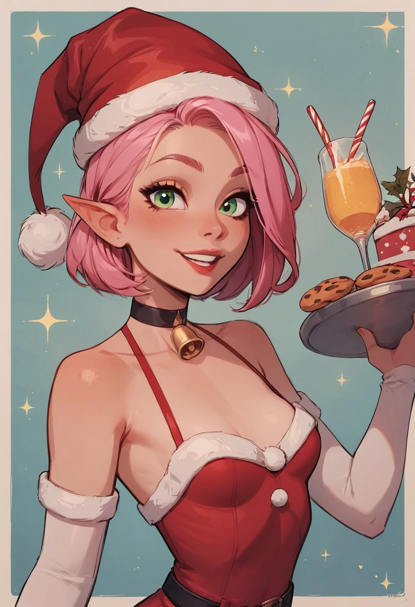 safe_pos, safe_pos, score_9, score_8_up, score_8, 1girl, solo, sexy elf woman, perfect face, thick eyeliner, small breasts, long pink hair, green eyes, perfect detailed face, revealing christmas dress, santa hat, choker with bell, holding a tray of cookies, north pole, christmas decor, sweet smile, looking at viewer