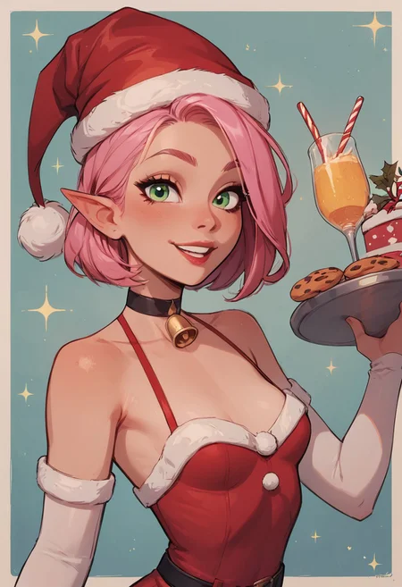 safe_pos, safe_pos, score_9, score_8_up, score_8, 1girl, solo, sexy elf woman, perfect face, thick eyeliner, small breasts, long pink hair, green eyes, perfect detailed face, revealing christmas dress, santa hat, choker with bell, holding a tray of cookies, north pole, christmas decor, sweet smile, looking at viewer