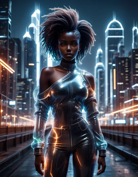 masterpiece, dynamic pose, a gorgeous (dark skin) girl over a future cityscape, depth of field, oversized shirt, off one shoulder, (shiny skin:1.4), cold lighting, detailed face, clear eyes, depth of field, messy hair, (intricate), machines, navel piercing, shy, mechanical parts, mechanical legs, glowing eyes, detailed eyes, detailed background, neon trim, neon lights made out of ral-czmcrnbw <lora:ral-czmcrnbw-sdxl:1>