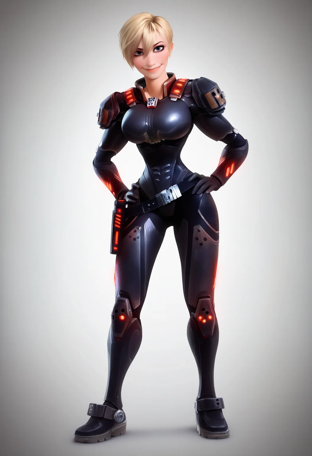 masterpiece, best quality, very aesthetic, absurdres,
realistic,render, 3d,
1girl, sgtcalhoun , blonde hair, short hair, blue eyes,
armor, bodysuit, boots,
smile, hands on hips, standing, full body, 
looking at viewer, solo, simple background, white background, <lora:SgtCalhounNoobXL_byKonan:1>