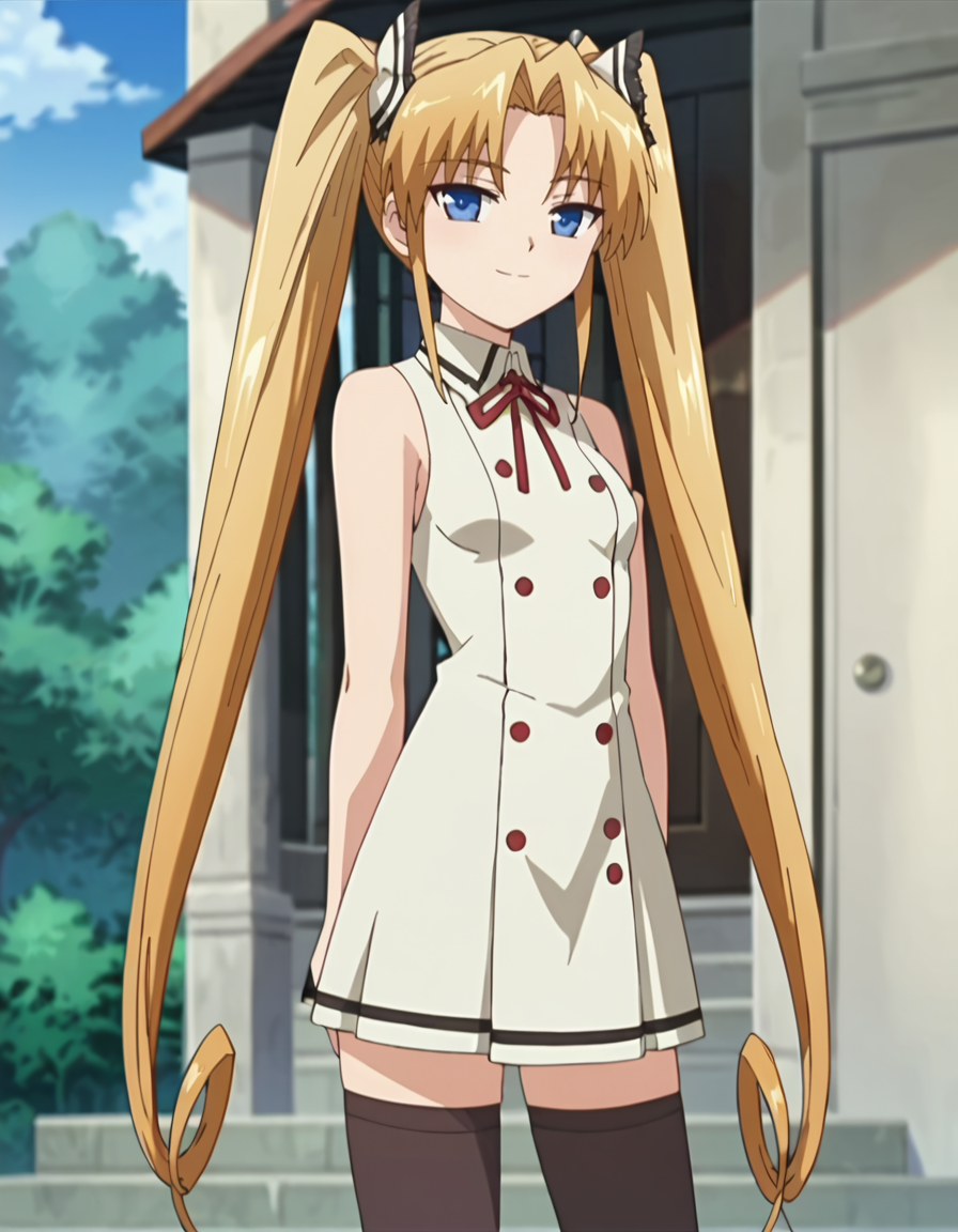 score_9,score_8_up,score_7_up,score_6_up,score_5_up,score_4_up,1girl, <lora:miyu_kuonji:0.7> miyu_kuonji,small breasts,blonde hair,hair ribbon,twintails,dress,sleeveless, black thighhighs,zettai ryouiki,upper body,smile,looking at viewer,(anime screencap)