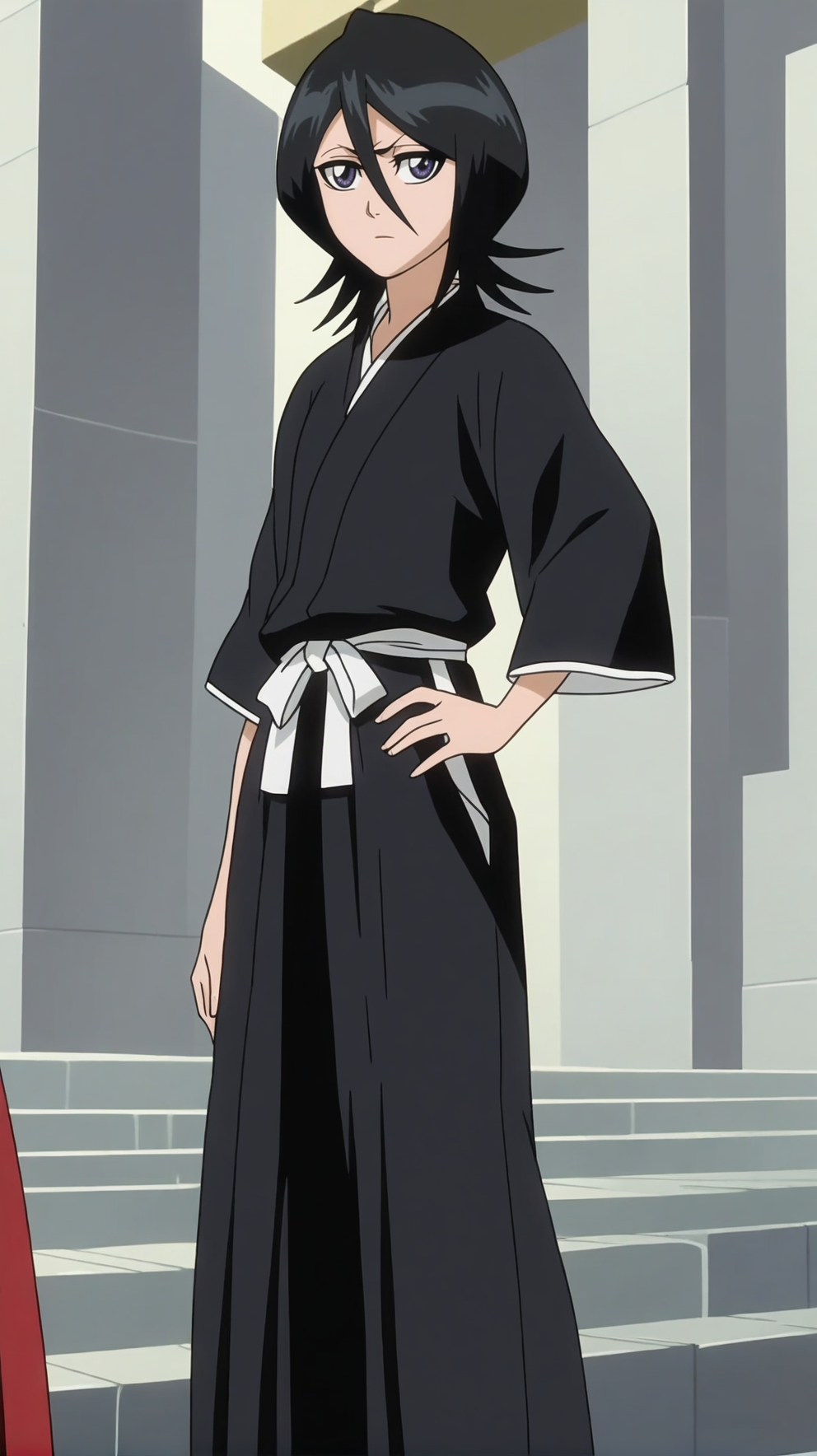 source_anime, score_9, score_8_up, score_7_up, anime screencap, high quality, 8k, absurdres, official style, outdoors, <lora:Rukia_Kuchiki_mine:0.8>, rukia kuchiki, black hair, short hair, purple eyes, hair between eyes, soul reaper outfit, japanese clothes, kimono, black kimono, socks, white socks, kneehigh socks, waraji, hakama, hakama skirt, haori, black hakama, standing, looking at viewer, hand on hip,
