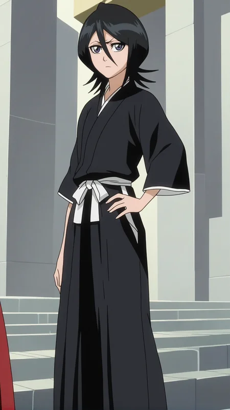 source_anime, score_9, score_8_up, score_7_up, anime screencap, high quality, 8k, absurdres, official style, outdoors, <lora:Rukia_Kuchiki_mine:0.8>, rukia kuchiki, black hair, short hair, purple eyes, hair between eyes, soul reaper outfit, japanese clothes, kimono, black kimono, socks, white socks, kneehigh socks, waraji, hakama, hakama skirt, haori, black hakama, standing, looking at viewer, hand on hip,