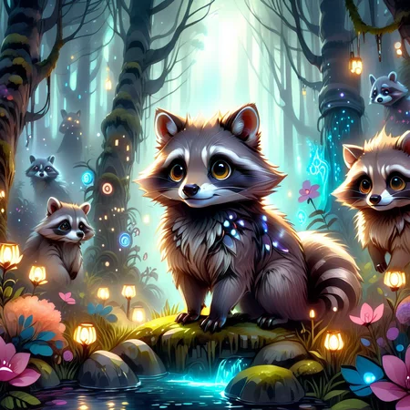 best quality, high resolution, Highly detailed Dynamic shot, SoftWaterColors, a serene forrest at night, old forest, high trees, calm lighting, glowing flowers in various colors, (aerial shot: 1.5), intricate details, Depth of field, grey racoons with glowing symbols in fur, BREAK,
<lora:SoftWatercolors:1>, <lora:SDXLFaeTastic2400:0.8>