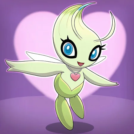 Celebi, light green body, pokemon (creature), female, (((eyelashes))), disney, girly, (((wearing pink heart necklace))), full body, solo, looking at viewer, open eyes, open mouth, happy, smiling, standing, posing, solo, flirty, dancing