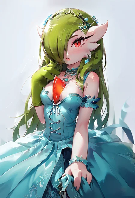 (((gardevoir))), female, furry, (long green hair), pale skin, (score_9, score_8_up, score_7_up), 20 year old, long green hair,  idol dress, perky breasts, hair over breasts, long hair, pretty face, looking at viewer, red eyes, vivid eyes, EGirlMakeup, light freckles, idol outfit, singing, on the stage, volumetric lighting, vivid colours,  g0thicPXL, face focus, Rilex Lenov Art style