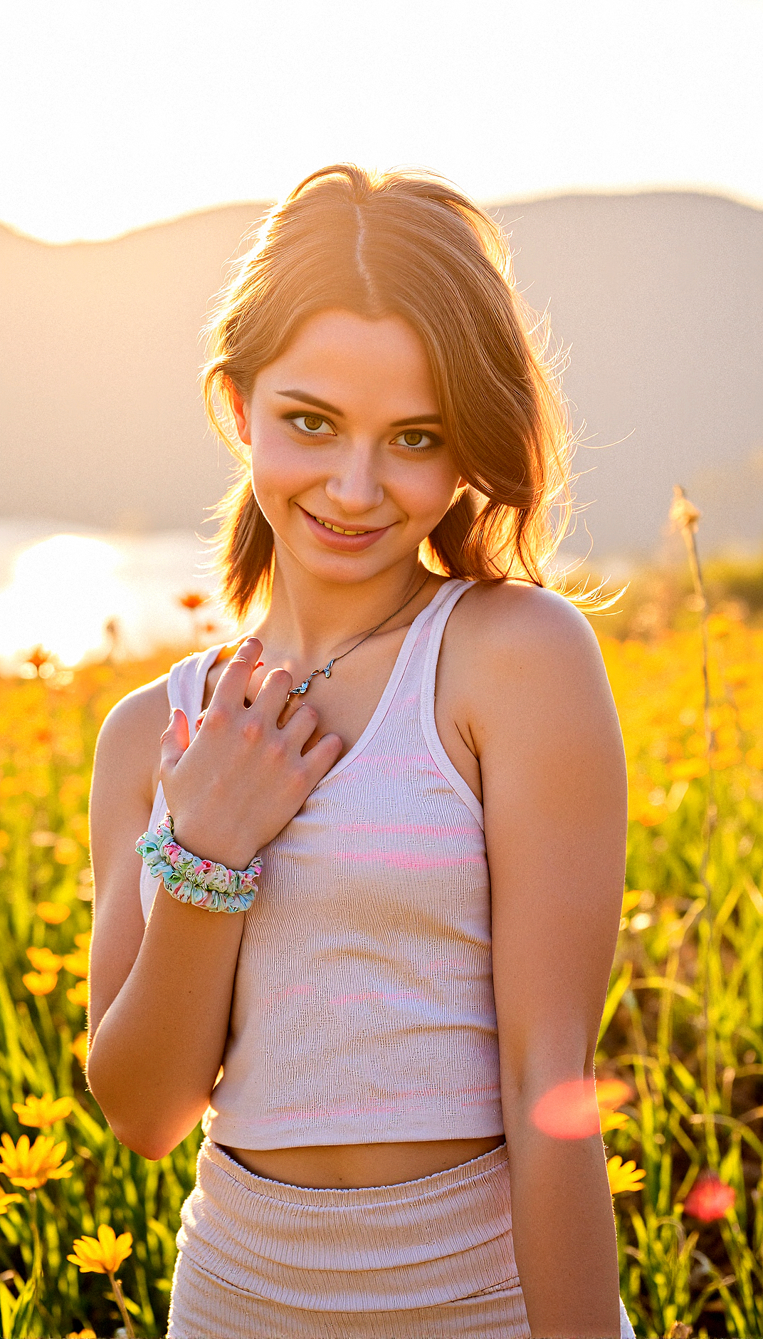 Extremely realistic depiction of a 35 years old beautiful woman, standing on a grassland,full of small flowers, wearing casual tank top striped printed , simple necklace, ear piercing, nose piercing wrist scrunchie, medium hair,  brown wavy hair , asymmetrical bangs,  long fingernails, nail polish,  slightly tanned skin, smiling warmly, outdoors, sunny morning,lens flare,  serene lake, sunrise, intricate details, vibrant colors,   Dynamic Shadows,  
Soft Eyebrow Definition, Glossy Eyes, the Character showing off with a stylish pose.

The atmosphere is calm and reflective, with the autumnal colors contributing to a nostalgic, peaceful mood. The light is soft, with long shadows suggesting the time is either early morning or late afternoon, further enhancing the tranquil vibe.




