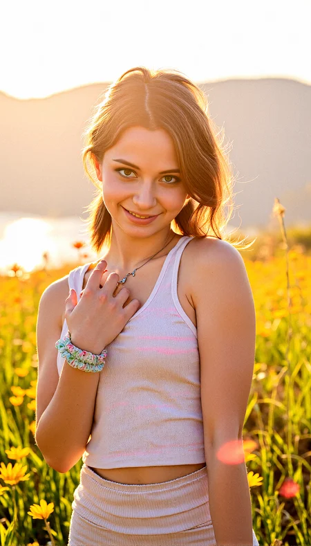Extremely realistic depiction of a 35 years old beautiful woman, standing on a grassland,full of small flowers, wearing casual tank top striped printed , simple necklace, ear piercing, nose piercing wrist scrunchie, medium hair, brown wavy hair , asymmetrical bangs, long fingernails, nail polish, slightly tanned skin, smiling warmly, outdoors, sunny morning,lens flare, serene lake, sunrise, intricate details, vibrant colors, Dynamic Shadows,
Soft Eyebrow Definition, Glossy Eyes, the Character showing off with a stylish pose.
The atmosphere is calm and reflective, with the autumnal colors contributing to a nostalgic, peaceful mood. The light is soft, with long shadows suggesting the time is either early morning or late afternoon, further enhancing the tranquil vibe.