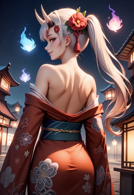 score_9, score_8_up, score_7_up, source_anime, 1girl, solo, AyameNewYears, oni horns, long hair, side ponytail, red kimono, floral print, hair flower, sash, off shoulder, back, shoulder blades, from behind, looking back, smile, ethereal lighting, purple, nighttime, darkness, surreal art, fantasy, glowing, night, (dark environment), <lora:NakiriAyamePDXL:1.0>