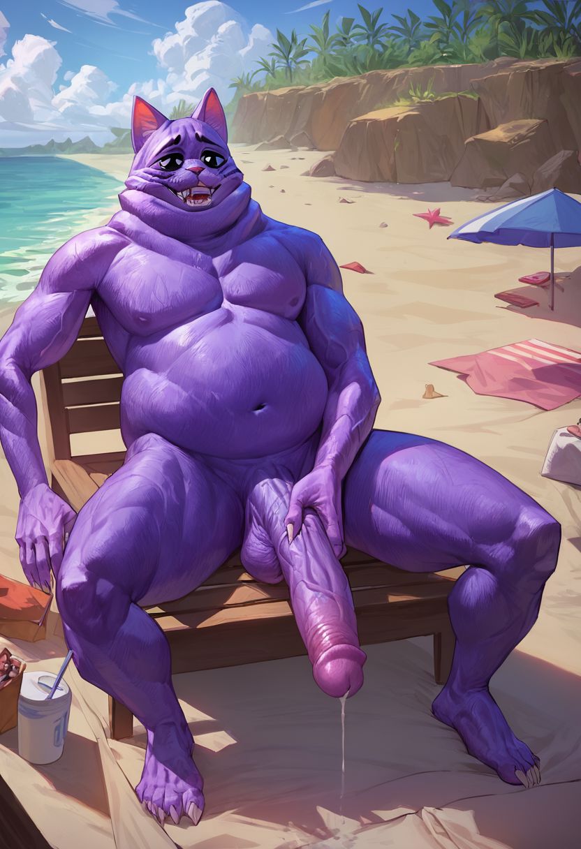 score_9,score_8_up,score_7_up, detailed face, detailed body, perfecteyes detailed eyes, Highest Quality, 4k, masterpiece, Amazing Details, 1male, solo, PurpleCat, very veiny long cock, fat, lay on lounge, on public beach, masturbating, black eyes with white pupils, horny