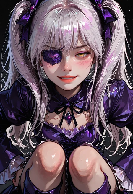 1girl, (shy, half-closed eyes, Bala Suisho (Rozen Maiden), petite, silver hair, long hair, thin twin tails, crystal hair jewellery, golden eyes, purple pink eye patch over left eye, purple gothic outfit, long purple boots, anime female. Woman on her knee, hands on hips, evil grin, upper body, close-up.
sinozick style, flat color, dark theme, in the style of cksc
<lora:DetailedEyes_V3:1> <lora:USNR_STYLE_ILL_V1_lokr3:0.45> usnr <lora:ponyv6_noobV1_2_adamW:0.9> <lora:GENESIS_MK0.2:0.5> <lora:KoreanStyleSDXLvpred10:1> AiKoreanStyle, lips, korean, asian <lora:KRGRL-IL:1>