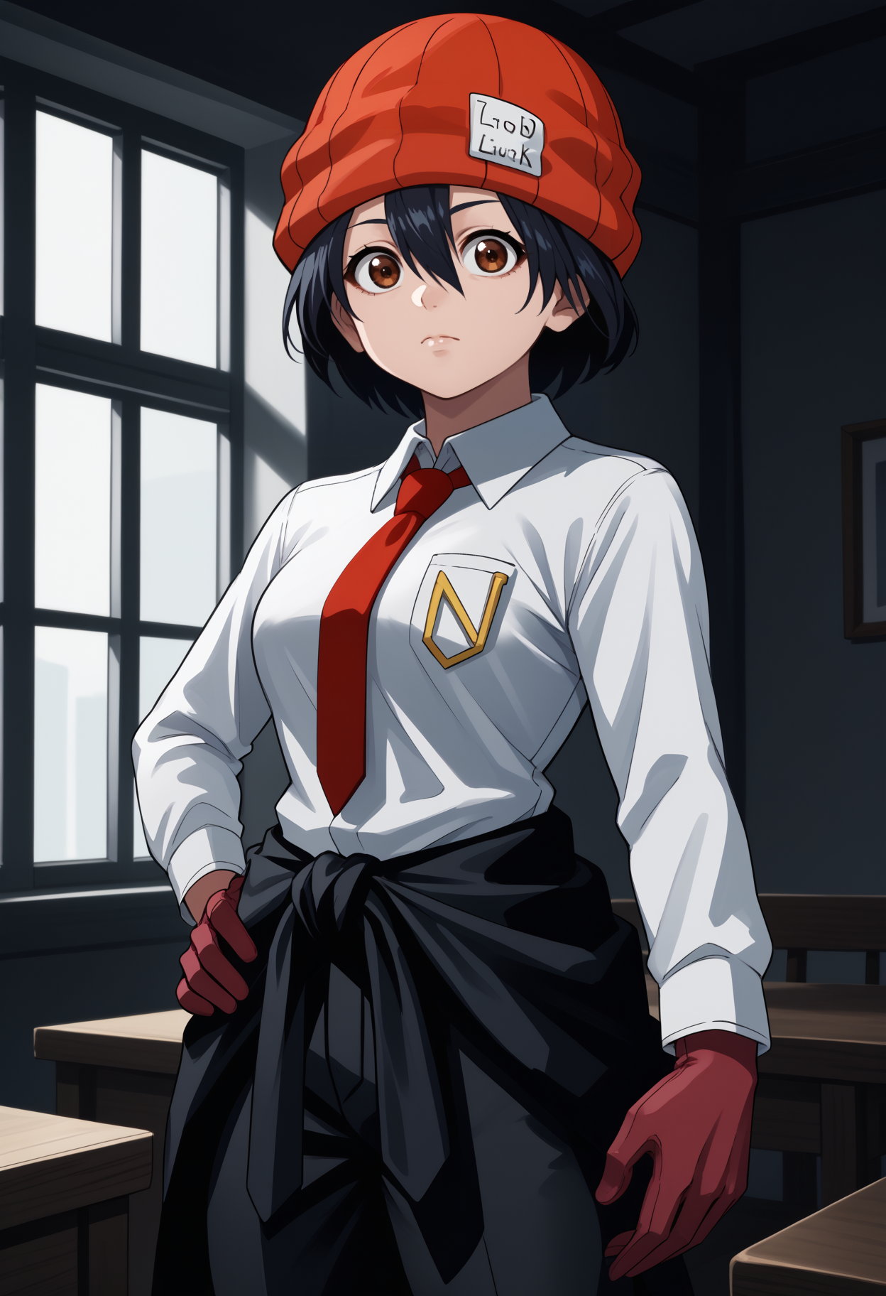 score_9, score_8_up, score_7_up, source_anime, <break> solo, 1girl, izumo fuuko, expressionless, looking at you, standing, hand on own hip, short hair, black hair, hair between eyes, red headwear, beanie, brown eyes, white shirt, collared shirt, red necktie, long sleeves, red gloves, clothes around waist, jacket around waist, black pants, large breasts, indoors
<segment:yolo-face_yolov8m.pt,0.4,0.5//cid=1>