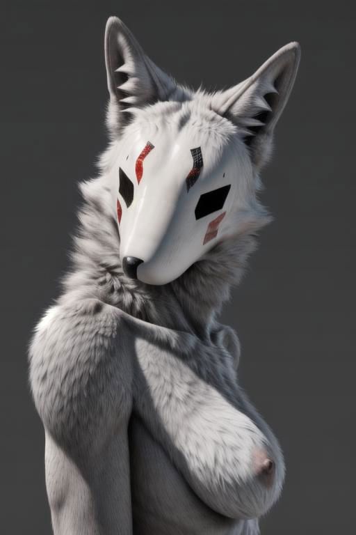 ASCII real e621, photorealistic, masterpiece, (((blank canine furred face, red angular painted face markings, no face, faceless mouthless)), fluffy tail, naked furred body,