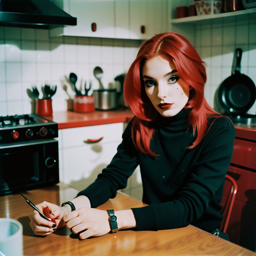 polaroid style, analog film photo of a scene girl, red hair, eyeliner, black turtleneck sweater, kitchen